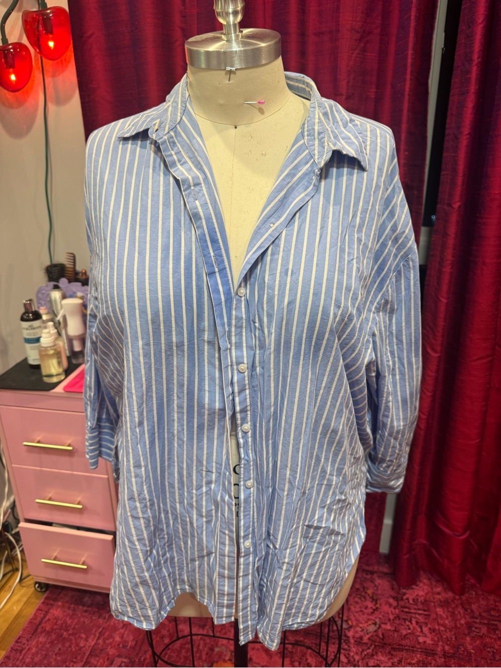 Primark Blue and White Vertical Stripe Button-Down Shirt